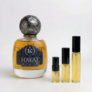 Décant Hayat de Kemi, parfum boisé et épicé aux accents d'oud et de safran, à tester sur la peau en formats 1ml, 2ml, 5ml ou 10ml.