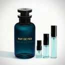 Décant Fragsplit de Nuit de Feu par Louis Vuitton, aux notes d’encens, cuir et oud. Testez-le sur la peau en formats 1 à 10 ml.