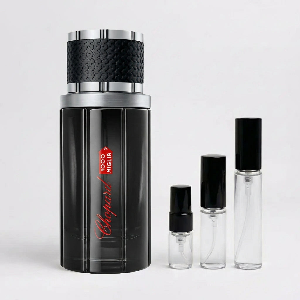 Décant Fragsplit de 1000 Miglia par Chopard, parfum masculin aux notes de cuir, café et lavande, à essayer sur la peau en formats 1ml à 10ml.
