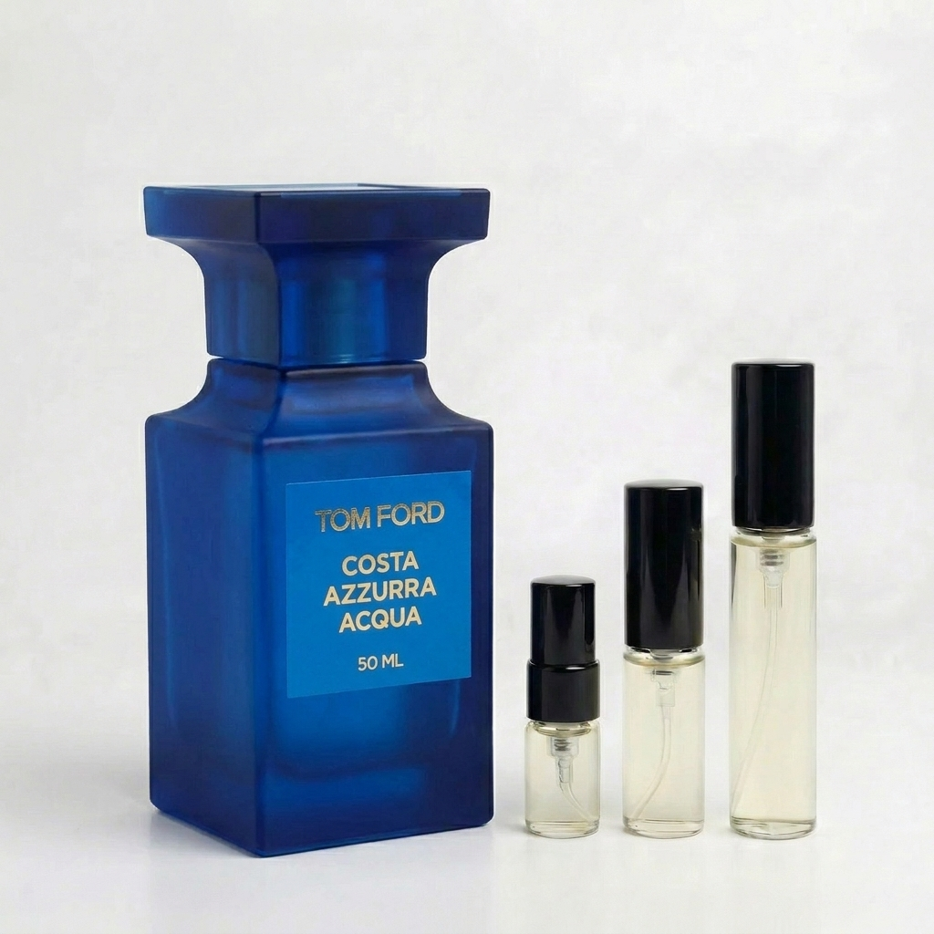Décant Fragsplit de Costa Azzurra Acqua par Tom Ford, en formats 1 ml à 10 ml pour tester ses notes marines sur peau, livré en Suisse et France.