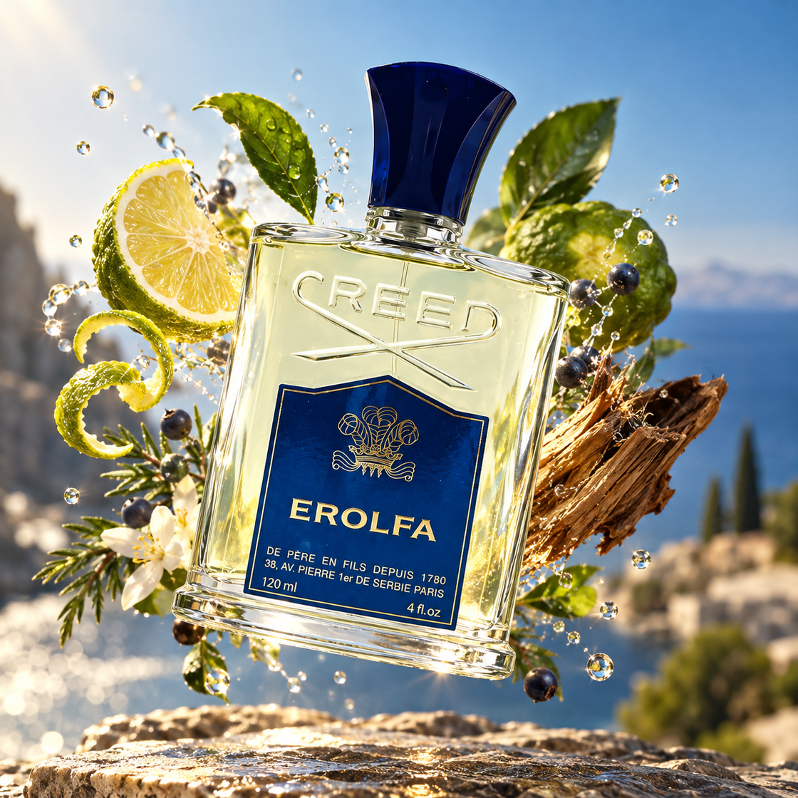 Échantillon Fragsplit Erolfa de Creed, parfum masculin aux notes marines et citronnées, disponible en 1 ml, 2 ml, 5 ml ou 10 ml.