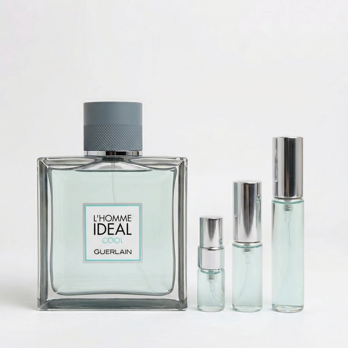 Décant Fragsplit de L'Homme Idéal Cool de Guerlain, aux notes fraîches de menthe, amande et agrumes, à essayer sur la peau en 1ml à 10ml.