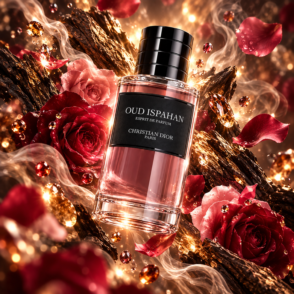 Oud Ispahan Esprit de Dior en échantillon Fragsplit, parfait pour essayer ce parfum unisexe sur la peau en 1ml, 2ml, 5ml ou 10ml.