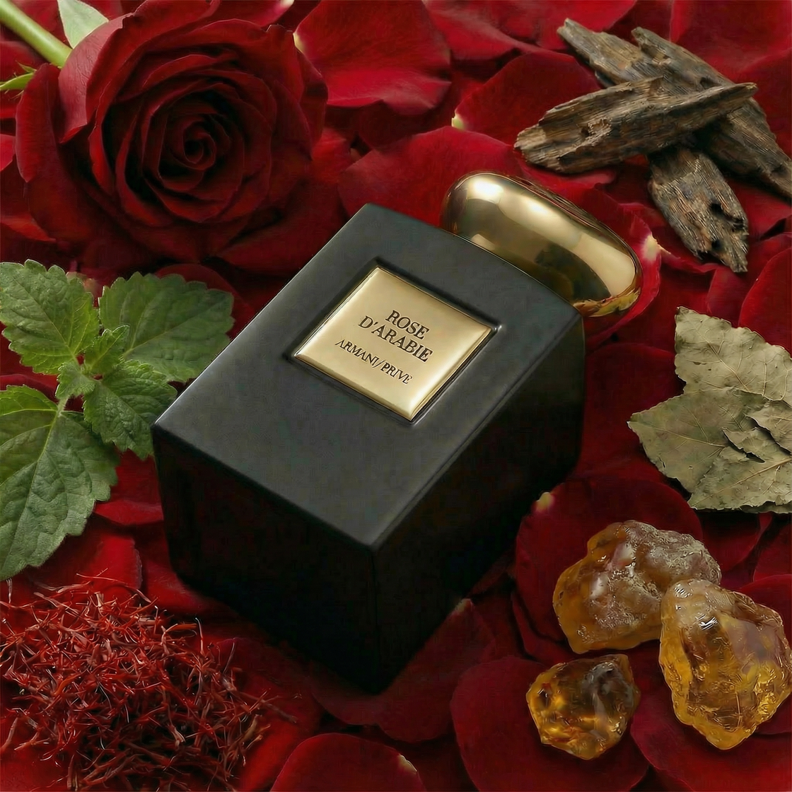 Échantillon Fragsplit de Rose d'Arabie par Armani Privé, aux notes de rose, oud, patchouli et vanille, proposé en petit format.