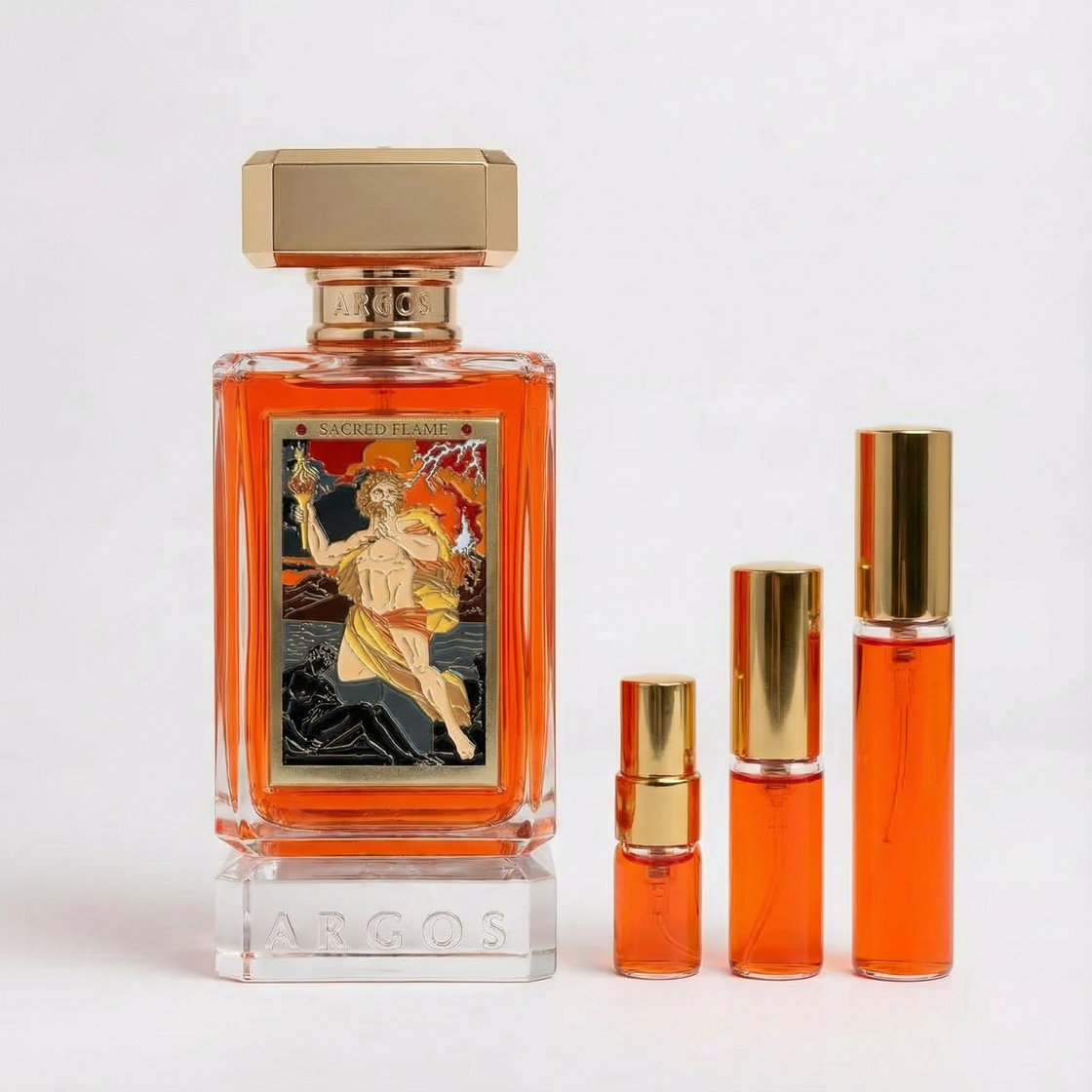 Décant Fragsplit de Sacred Flame par Argos, parfum unisexe ambré et épicé en formats 1 ml, 2 ml, 5 ml ou 10 ml, livré en Suisse et France.
