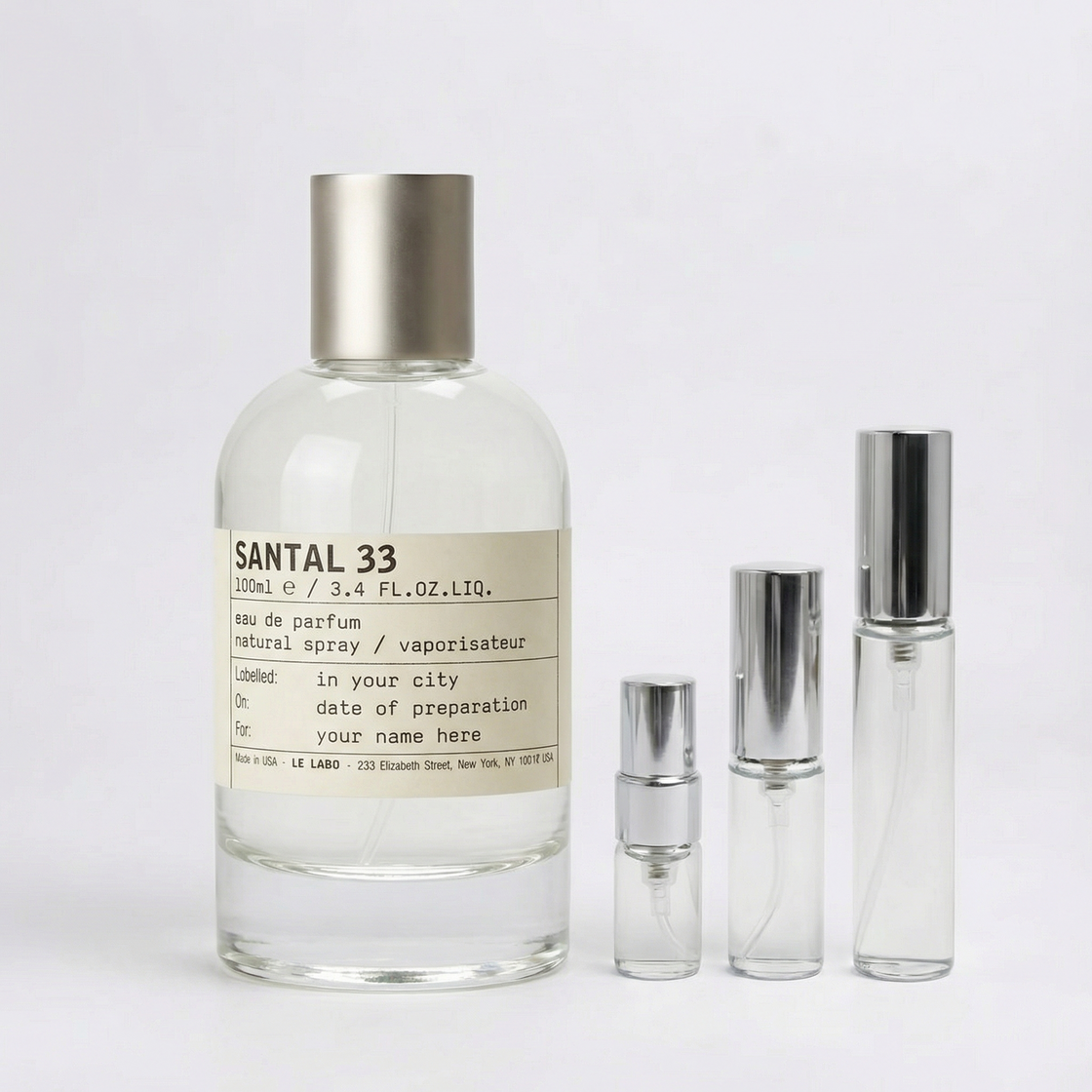 Décant Fragsplit de Santal 33 par Le Labo, en formats 1 ml, 2 ml, 5 ml ou 10 ml pour essayer ce parfum sur la peau en Suisse et France.