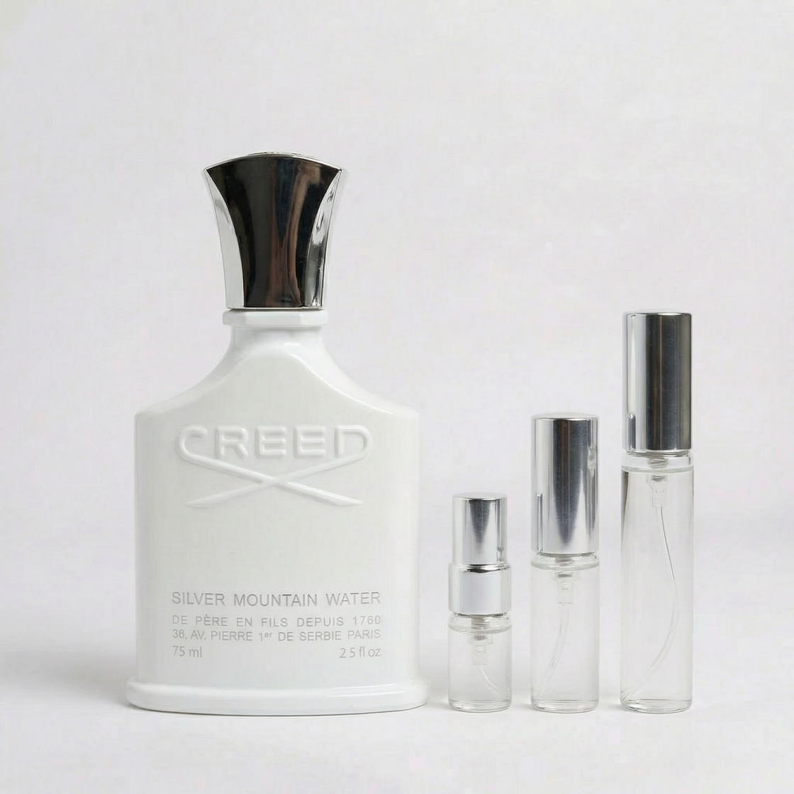 Décant Fragsplit de Silver Mountain Water de Creed, en formats 1 ml à 10 ml pour tester sa fraîcheur sur la peau, livré en Suisse et France.