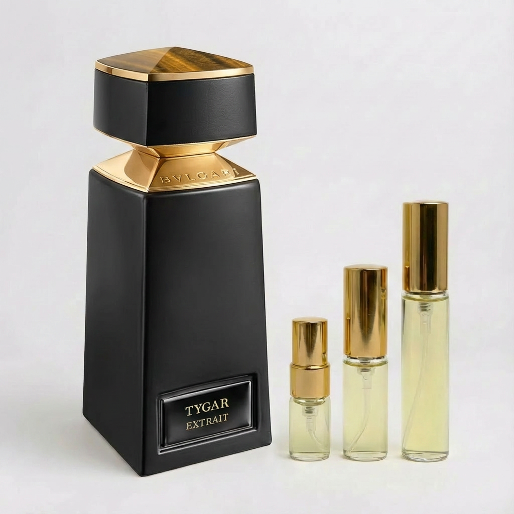 Décant Fragsplit de Tygar Extrait par Bvlgari, en formats 1 ml, 2 ml, 5 ml ou 10 ml, pour essayer ce parfum masculin sur la peau.