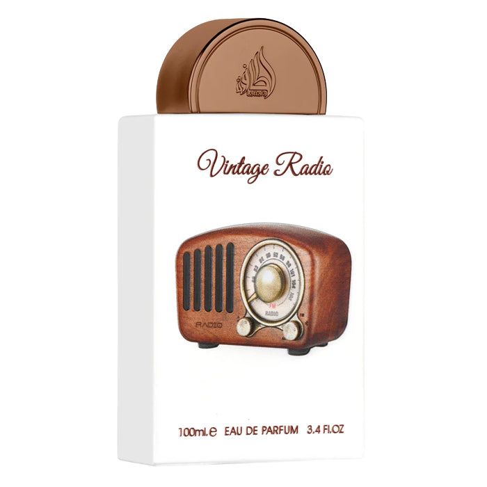 Échantillon Vintage Radio de Lattafa en petit format pour tester sur la peau ses notes de prune et de bois avant achat, livré en Suisse et France.